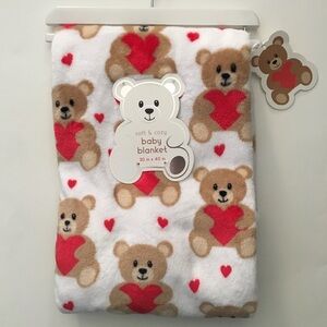 NEW Baby Blanket Soft Warm Cozy Teddy Bear Red Valentines Hearts Print